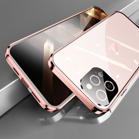 Funda Bumper Lujo Marco de Aluminio Espejo 360 Grados Carcasa M05 para Apple iPhone 14 Pro Oro Rosa