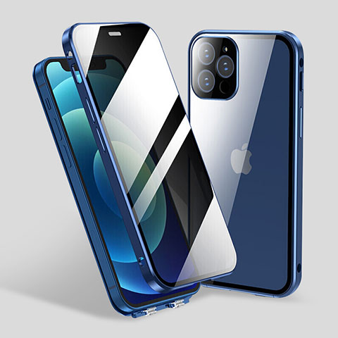 Funda Bumper Lujo Marco de Aluminio Espejo 360 Grados Carcasa M06 para Apple iPhone 13 Pro Azul
