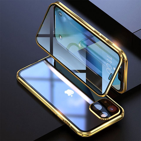 Funda Bumper Lujo Marco de Aluminio Espejo 360 Grados Carcasa M08 para Apple iPhone 13 Mini Oro