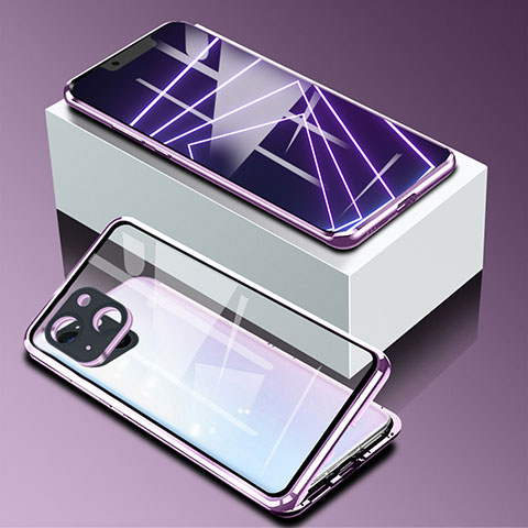 Funda Bumper Lujo Marco de Aluminio Espejo 360 Grados Carcasa M09 para Apple iPhone 13 Mini Morado