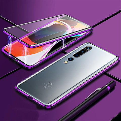 Funda Bumper Lujo Marco de Aluminio Espejo 360 Grados Carcasa M09 para Xiaomi Mi 10 Pro Morado