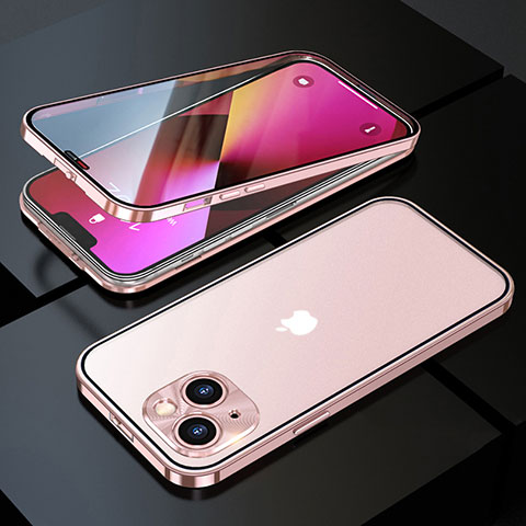 Funda Bumper Lujo Marco de Aluminio Espejo 360 Grados Carcasa M10 para Apple iPhone 14 Plus Oro Rosa