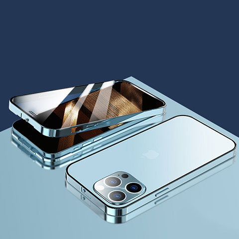 Funda Bumper Lujo Marco de Aluminio Espejo 360 Grados Carcasa M10 para Apple iPhone 15 Pro Azul