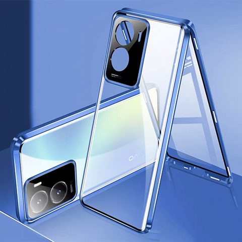 Funda Bumper Lujo Marco de Aluminio Espejo 360 Grados Carcasa P01 para Vivo iQOO Z7x 5G Azul