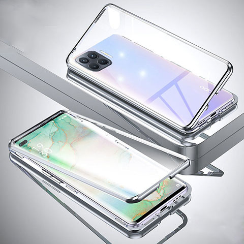 Funda Bumper Lujo Marco de Aluminio Espejo 360 Grados Carcasa para Oppo Reno4 Lite Plata