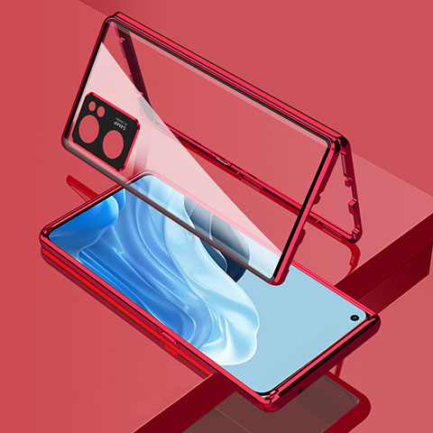 Funda Bumper Lujo Marco de Aluminio Espejo 360 Grados Carcasa para Oppo Reno7 SE 5G Rojo