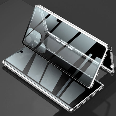 Funda Bumper Lujo Marco de Aluminio Espejo 360 Grados Carcasa para Samsung Galaxy S21 Ultra 5G Plata