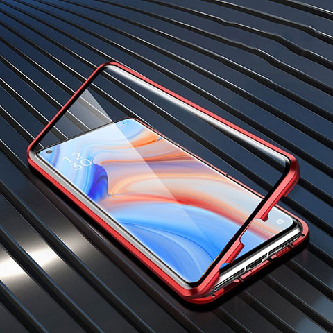 Funda Bumper Lujo Marco de Aluminio Espejo 360 Grados Carcasa T02 para Oppo Reno4 5G Rojo