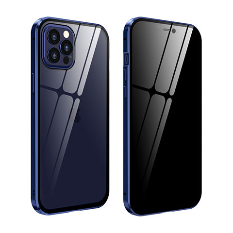 Funda Bumper Lujo Marco de Aluminio Espejo 360 Grados Carcasa T05 para Apple iPhone 12 Pro Max Azul Real