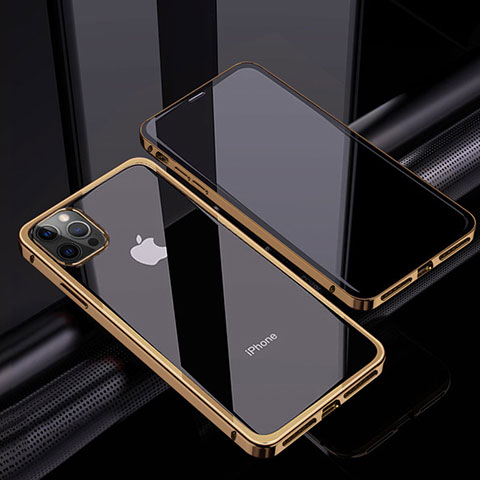 Funda Bumper Lujo Marco de Aluminio Espejo 360 Grados Carcasa T06 para Apple iPhone 12 Pro Max Oro