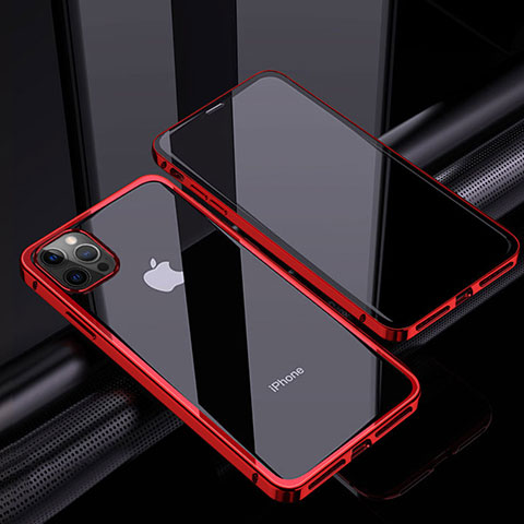 Funda Bumper Lujo Marco de Aluminio Espejo 360 Grados Carcasa T06 para Apple iPhone 12 Pro Max Rojo