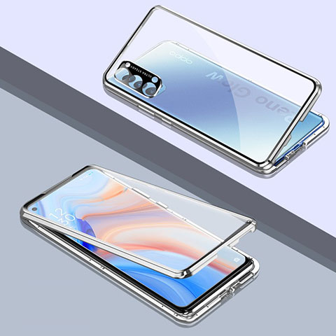 Funda Bumper Lujo Marco de Aluminio Espejo 360 Grados Carcasa T06 para Oppo Reno4 5G Plata