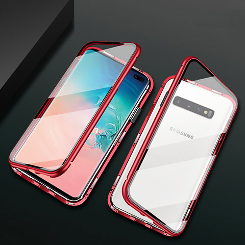 Funda Bumper Lujo Marco de Aluminio Espejo 360 Grados Carcasa T08 para Samsung Galaxy S10 Plus Rojo