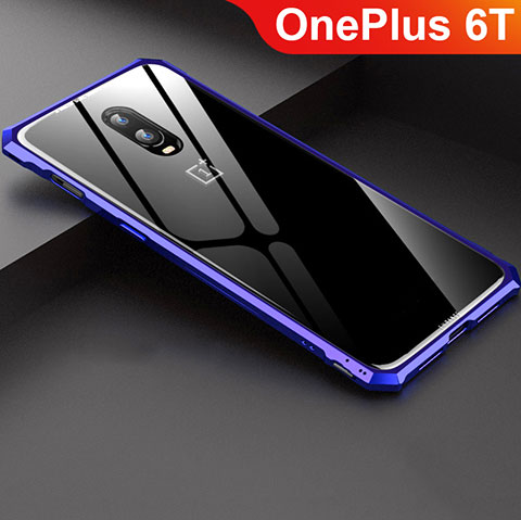 Funda Bumper Lujo Marco de Aluminio Espejo Carcasa para OnePlus 6T Azul