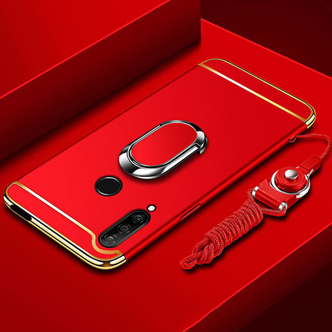 Funda Bumper Lujo Marco de Metal y Plastico Carcasa con Anillo de dedo Soporte A01 para Huawei Enjoy 10 Plus Rojo