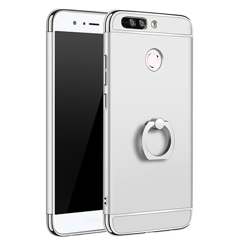 Funda Bumper Lujo Marco de Metal y Plastico Carcasa con Anillo de dedo Soporte A01 para Huawei Honor 8 Pro Plata