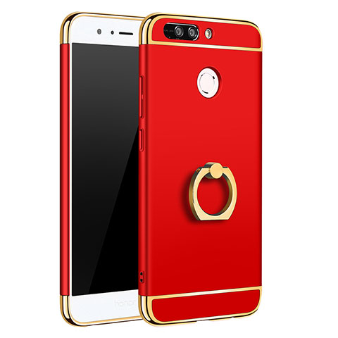 Funda Bumper Lujo Marco de Metal y Plastico Carcasa con Anillo de dedo Soporte A01 para Huawei Honor 8 Pro Rojo