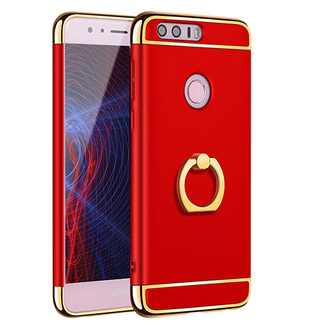 Funda Bumper Lujo Marco de Metal y Plastico Carcasa con Anillo de dedo Soporte A01 para Huawei Honor 8 Rojo