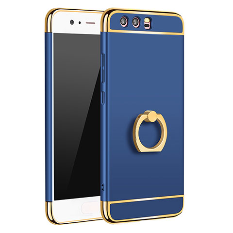 Funda Bumper Lujo Marco de Metal y Plastico Carcasa con Anillo de dedo Soporte A01 para Huawei P10 Plus Azul