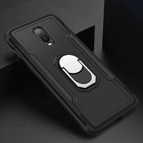 Funda Bumper Lujo Marco de Metal y Plastico Carcasa con Anillo de dedo Soporte A01 para OnePlus 6T Negro
