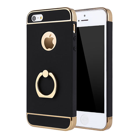 Funda Bumper Lujo Marco de Metal y Plastico Carcasa con Anillo de dedo Soporte A02 para Apple iPhone 5S Negro