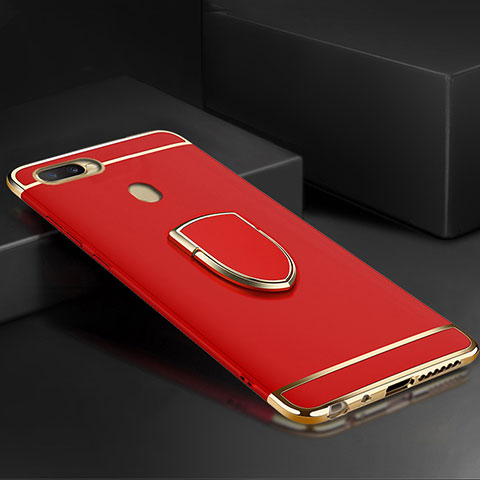 Funda Bumper Lujo Marco de Metal y Plastico Carcasa con Anillo de dedo Soporte A02 para Oppo A7 Rojo