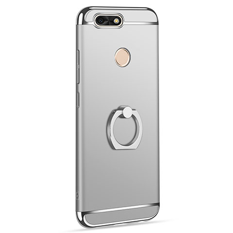 Funda Bumper Lujo Marco de Metal y Plastico Carcasa con Anillo de dedo Soporte A06 para Huawei Y6 Pro (2017) Plata