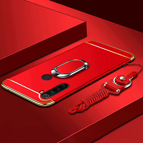 Funda Bumper Lujo Marco de Metal y Plastico Carcasa con Anillo de dedo Soporte K01 para Xiaomi Redmi Note 8 (2021) Rojo