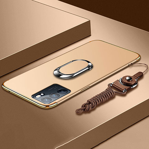 Funda Bumper Lujo Marco de Metal y Plastico Carcasa con Anillo de dedo Soporte para Oppo Reno6 5G Oro