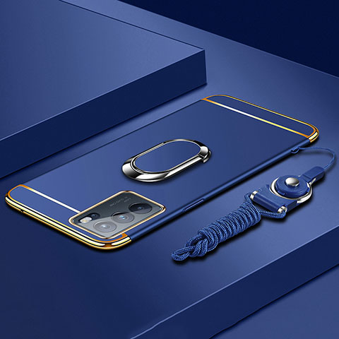 Funda Bumper Lujo Marco de Metal y Plastico Carcasa con Anillo de dedo Soporte para Oppo Reno6 Pro 5G India Azul