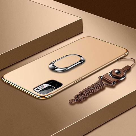 Funda Bumper Lujo Marco de Metal y Plastico Carcasa con Anillo de dedo Soporte para Xiaomi Redmi Note 10T 5G Oro