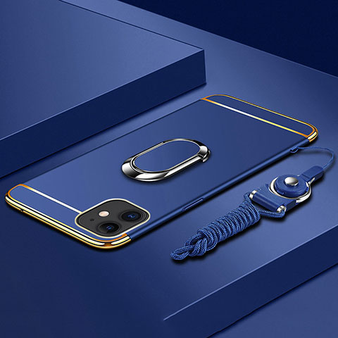 Funda Bumper Lujo Marco de Metal y Plastico Carcasa con Anillo de dedo Soporte T01 para Apple iPhone 11 Azul