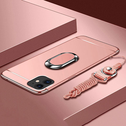 Funda Bumper Lujo Marco de Metal y Plastico Carcasa con Anillo de dedo Soporte T01 para Apple iPhone 11 Oro Rosa