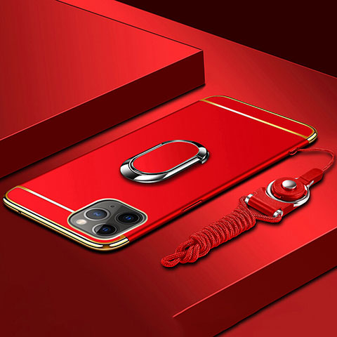 Funda Bumper Lujo Marco de Metal y Plastico Carcasa con Anillo de dedo Soporte T01 para Apple iPhone 11 Pro Max Rojo
