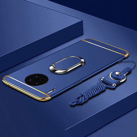 Funda Bumper Lujo Marco de Metal y Plastico Carcasa con Anillo de dedo Soporte T01 para Huawei Mate 30E Pro 5G Azul