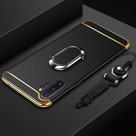 Funda Bumper Lujo Marco de Metal y Plastico Carcasa con Anillo de dedo Soporte T01 para Samsung Galaxy Note 10 Plus 5G Negro