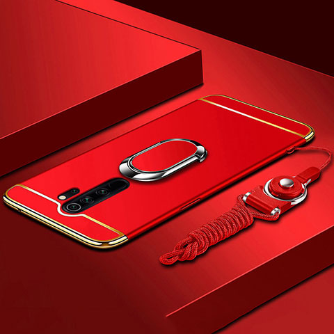 Funda Bumper Lujo Marco de Metal y Plastico Carcasa con Anillo de dedo Soporte T01 para Xiaomi Redmi Note 8 Pro Rojo