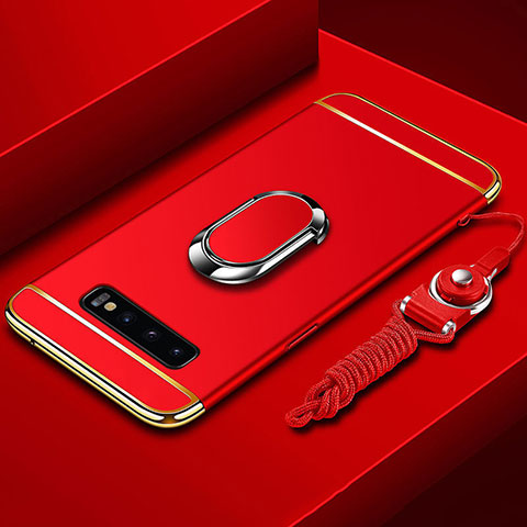 Funda Bumper Lujo Marco de Metal y Plastico Carcasa con Anillo de dedo Soporte T02 para Samsung Galaxy S10 5G Rojo