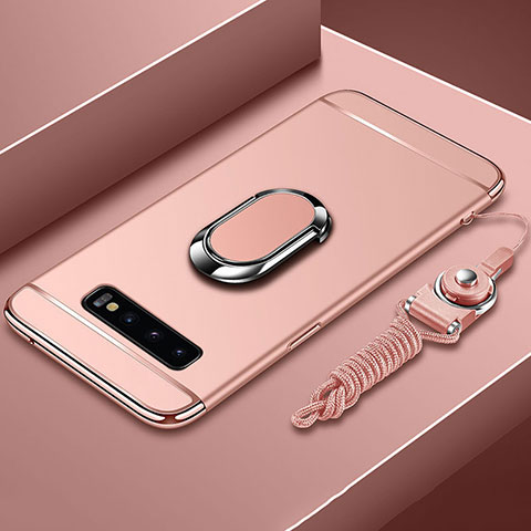 Funda Bumper Lujo Marco de Metal y Plastico Carcasa con Anillo de dedo Soporte T02 para Samsung Galaxy S10 Oro Rosa
