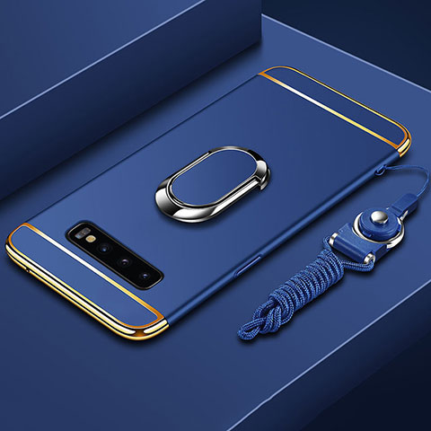 Funda Bumper Lujo Marco de Metal y Plastico Carcasa con Anillo de dedo Soporte T02 para Samsung Galaxy S10 Plus Azul