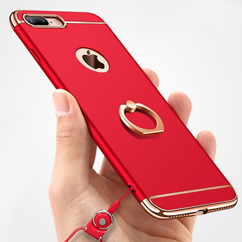 Funda Bumper Lujo Marco de Metal y Plastico Carcasa con Anillo de dedo Soporte y Lanyard A01 para Apple iPhone 8 Plus Rojo