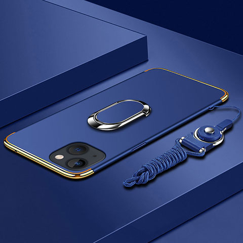 Funda Bumper Lujo Marco de Metal y Plastico Carcasa con Anillo de dedo Soporte y Lanyard para Apple iPhone 14 Plus Azul