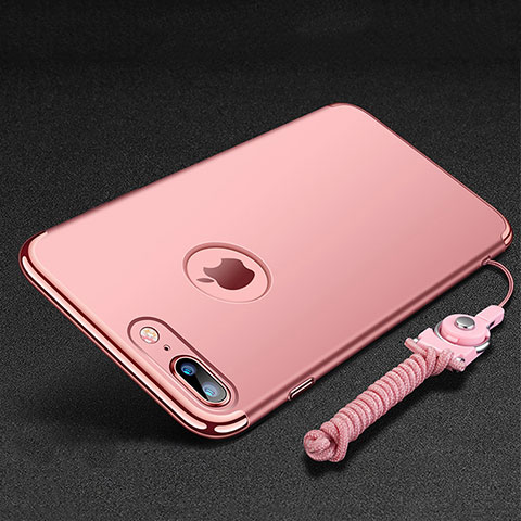 Funda Bumper Lujo Marco de Metal y Plastico Carcasa con Anillo de dedo Soporte y Lanyard para Apple iPhone 8 Plus Oro Rosa