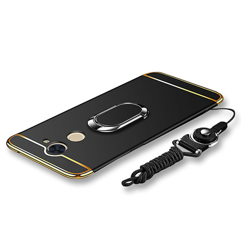 Funda Bumper Lujo Marco de Metal y Plastico Carcasa con Anillo de dedo Soporte y Lanyard para Huawei Enjoy 7 Plus Negro