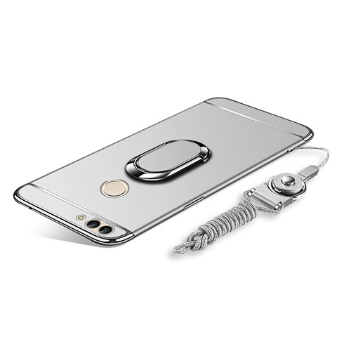 Funda Bumper Lujo Marco de Metal y Plastico Carcasa con Anillo de dedo Soporte y Lanyard para Huawei Enjoy 8 Plus Plata