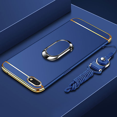 Funda Bumper Lujo Marco de Metal y Plastico Carcasa con Anillo de dedo Soporte y Lanyard para Huawei Enjoy 8e Lite Azul
