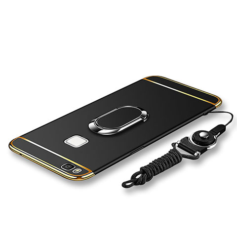 Funda Bumper Lujo Marco de Metal y Plastico Carcasa con Anillo de dedo Soporte y Lanyard para Huawei G9 Lite Negro