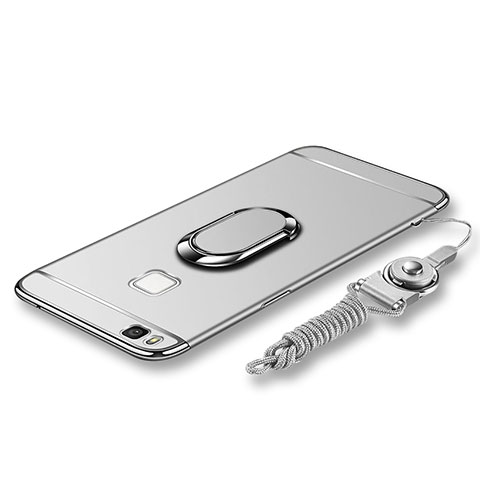 Funda Bumper Lujo Marco de Metal y Plastico Carcasa con Anillo de dedo Soporte y Lanyard para Huawei G9 Lite Plata