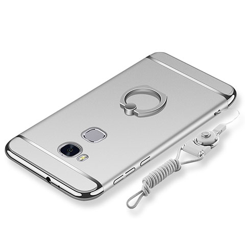 Funda Bumper Lujo Marco de Metal y Plastico Carcasa con Anillo de dedo Soporte y Lanyard para Huawei Honor 5X Plata