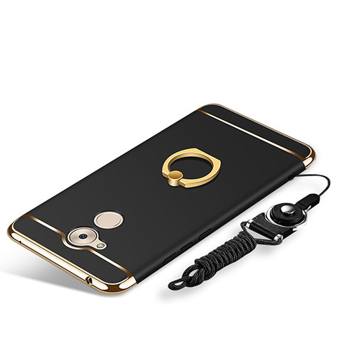 Funda Bumper Lujo Marco de Metal y Plastico Carcasa con Anillo de dedo Soporte y Lanyard para Huawei Honor 6C Negro